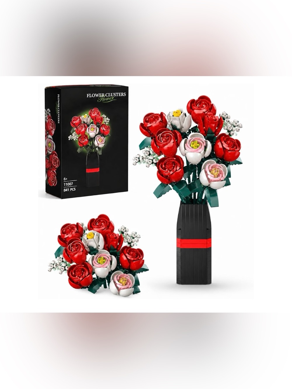 Flower Bouquet Building Set with Vase, 841Pcs DIY Roses Block Kit, SEALED BOX